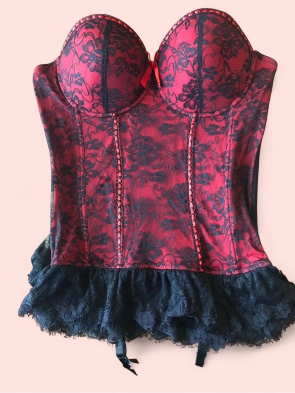 Red and Black Lace Bustier Corset Top - Women Intimates